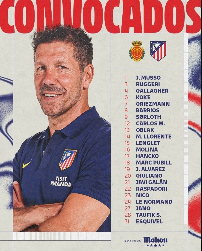 马竞联赛大名单：小蜘蛛复出，格列兹曼、加拉格尔、科克在列